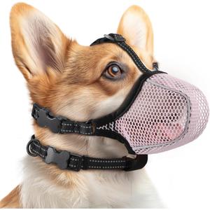 Dog Muzzle,Mesh Soft Muzzle for Dogs, Breathable Reflective Adjustable Puppy Muzzles with Collar for Scavenging Grooming Biting Chewing,Allows Panting and Drinking(Pink XL)
