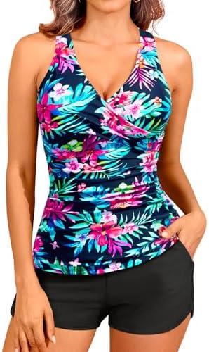 Women Tankini Swimsuits with Shorts - Two Piece Tummy Control Bathing Suits Top with Two Pockets Bottom Swimwear, XL