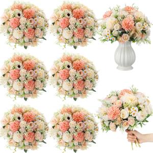Tigeen 6 Bundles Artificial Bouquet Flowers Artificial Peonies Faux Roses Hydrangea Flowers Bouquet for Wedding Table Centerpiece Floral Vase Decor (Champagne)