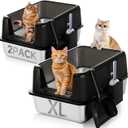 2 Pack High Sides Odor Free No Sticky Extra Large Steel Cat Litter Box with Scoop, Tall Wall No Smell 24"X16"X13" Stainless Metal Kitty Litterbox, Black