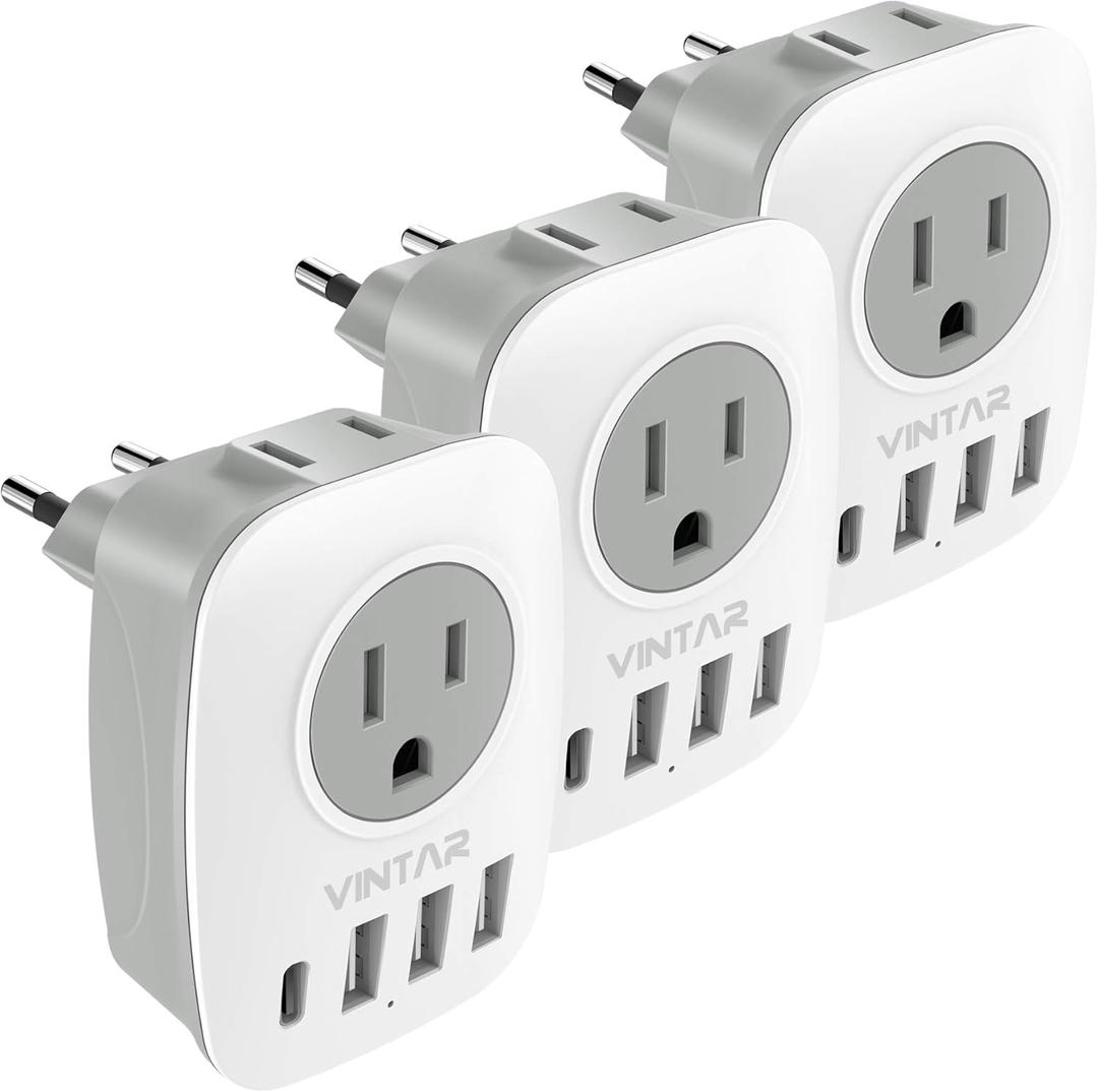 3 Pack European Travel Plug Adapter, VINTAR International Power Plug Adapter with 2 American Outlets, 1 USB C and 3 USB Ports, 6 in 1 Travel Essentials to France, German, Italy, Spain (Type C)