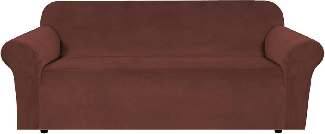 H.VERSAILTEX Stretch Velvet Sofa Covers for 3 Cushion Couch Covers Furniture Protector Soft with Non Slip Elastic Bottom, Crafted from Thick Comfy Rich Velour (Large Sofa 90"-97", Burnt Brick)