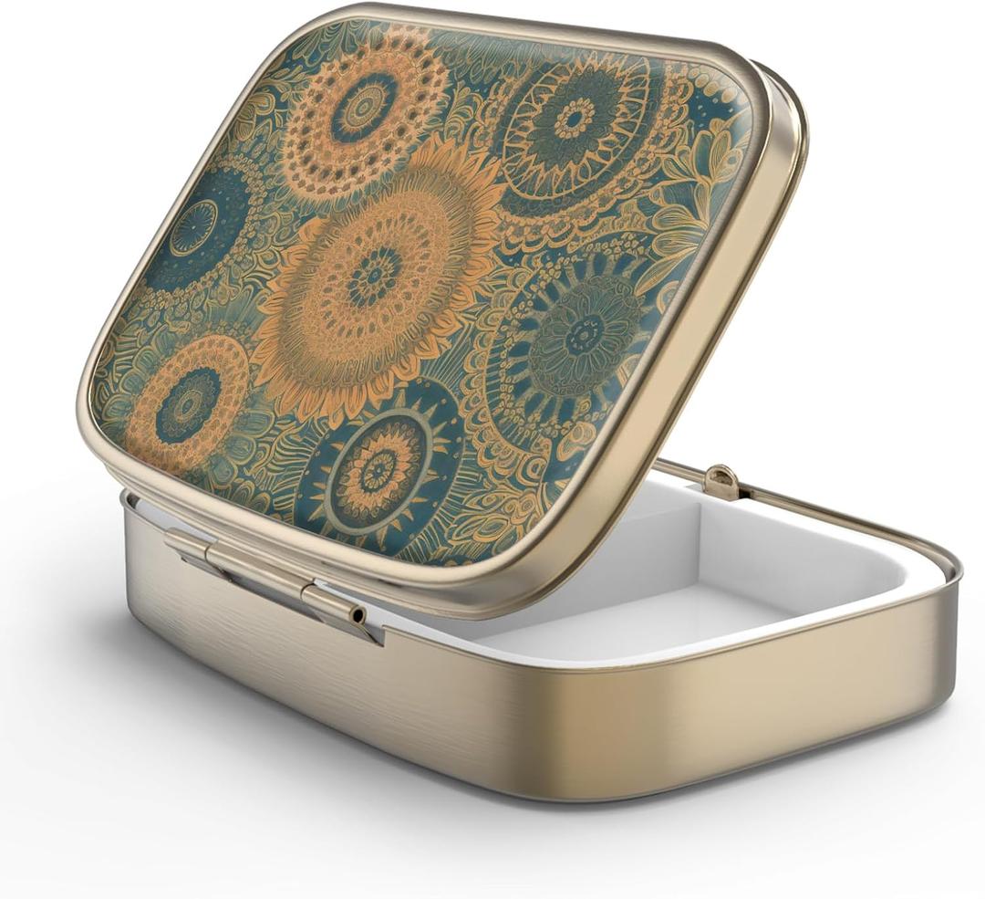 Pill Case Pill Box with Mirror Retro 2 Compartment Small Pill Case for Purse or Pocket Bronze Rectangular Pill Box or Vitamins, Fish Oil, Supplements, Pill Containe Travel GiftsRetro Mandala (1 piece)