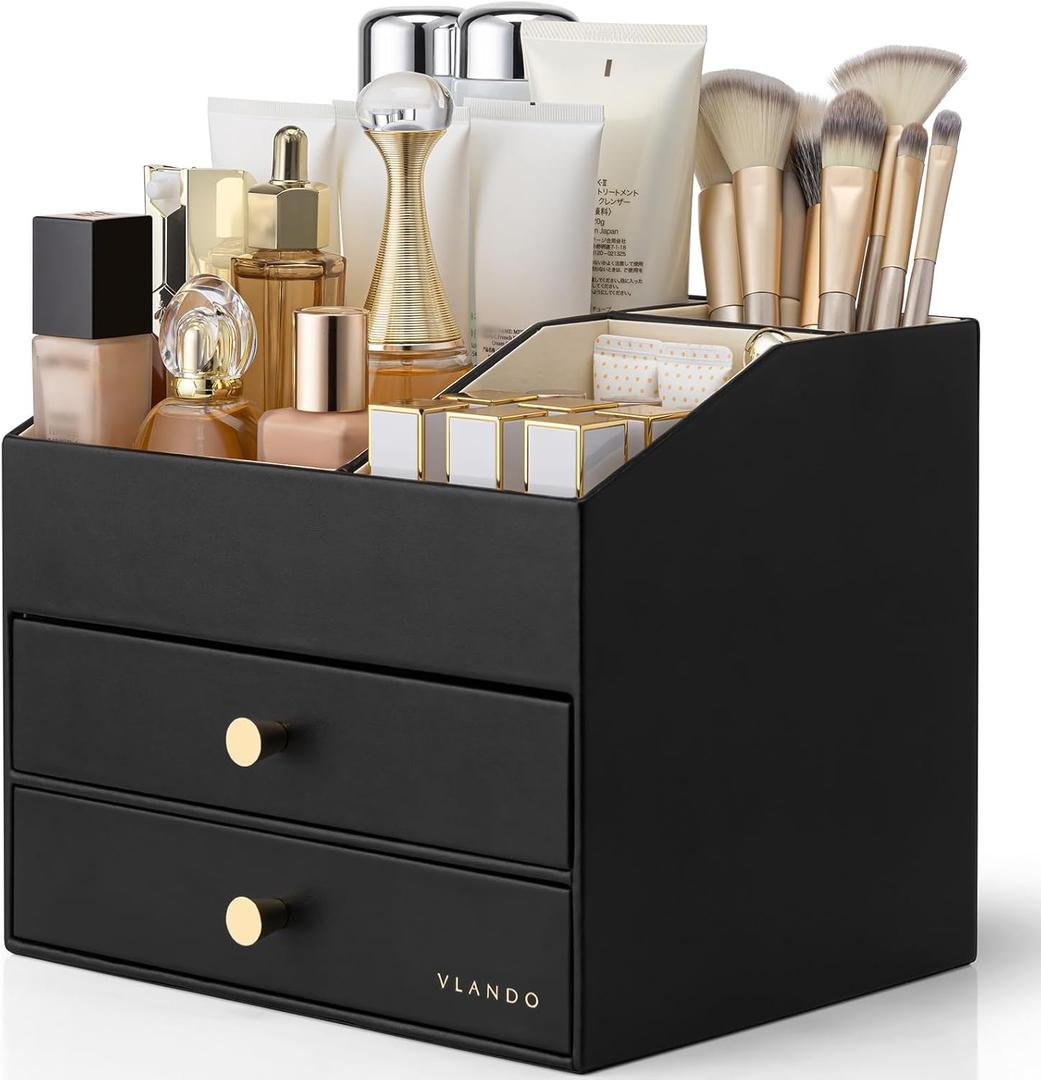 VLANDO Makeup Organizer for Vanity,Large Capacity Countertop Organizer with Drawers, PU Leather Cosmetic Display Case for Lipstick,Brushes,Skincare,Bedroom Storage (Black) (3 Layer)