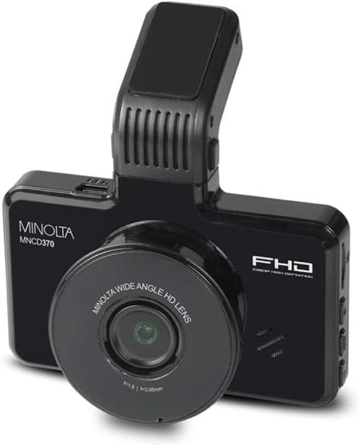 Minolta 1080p Dash Cam with G-Sensor - 3.0" LCD, 120 Wide-Angle Lens, Loop Recording, Parking Monitor, Emergency Lock, USB Power, Windshield Mount, 16GB Card Included, Compact (Black)