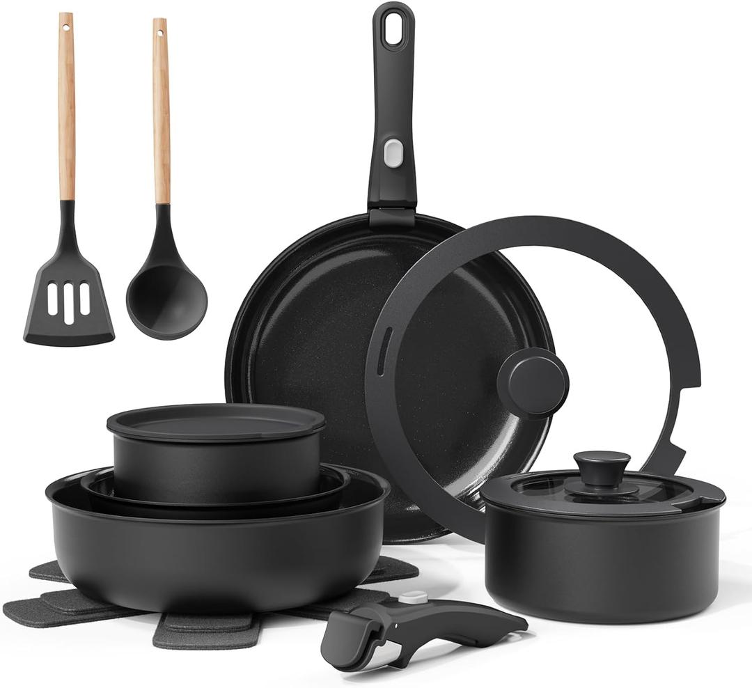 Ceramic Nonstick Cookware Set, Healthy, Non Toxic, 17-Pieces Pots and Pans Set Removable Handles, Induction RV Kitchen Set, Stain & Scratch-resistant, Dishwasher/Oven Safe, PFAS/PFOA Free, Black