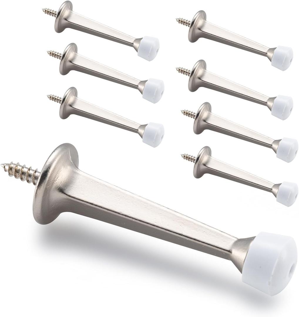 HOME MASTER HARDWARE Heavy Duty Solid Door Stop - Screw-in Rigid Design, Satin Nickel Finish w/plasticsTip, Pack of 8