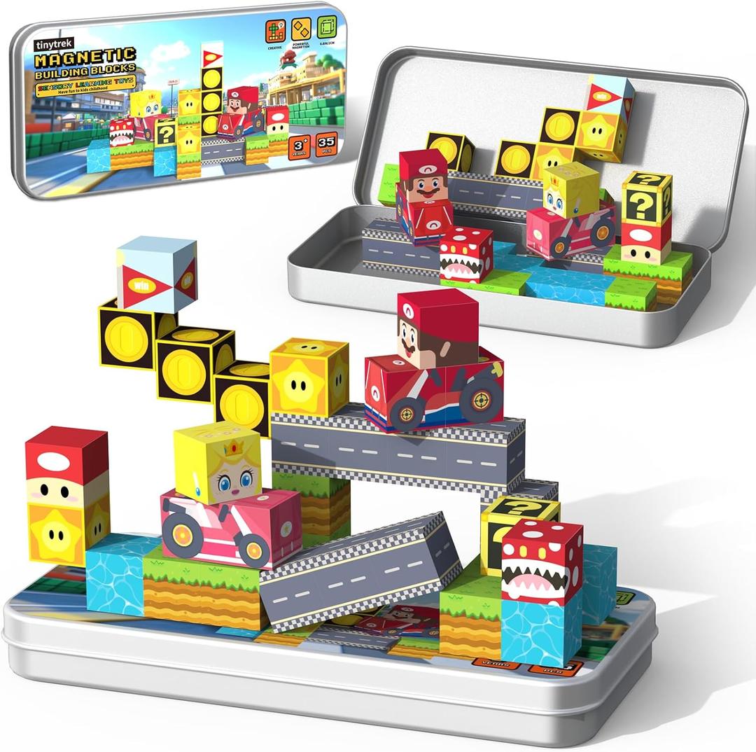 35 PCS Mini Magnetic Tiles Travel Set with Portable Iron Storage Box, STEM Educational Magnetic Building Blocks for Kids Ages 3-8, Montessori Sensory Toys Gifts for Toddler, Boys & Girls (Racing Adventure)