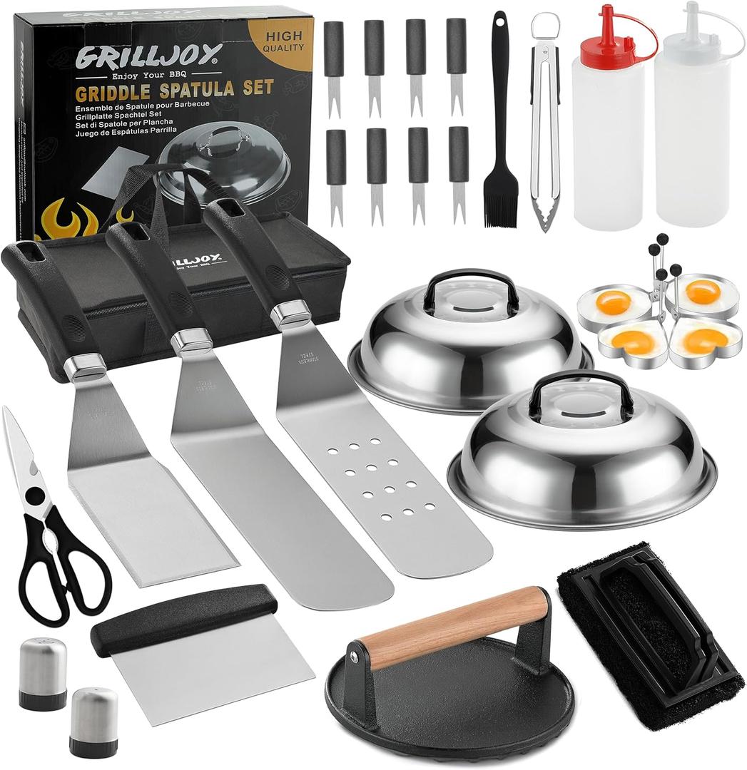 grilljoy Professional Griddle Accessories Kit Set with Smash Burger Press - Extra Thick Grill Spatula, Turner, Flipper - 28PCS Flat Top Grill Tools Kit for Outdoor Barbecue Teppanyaki Camping Cooking