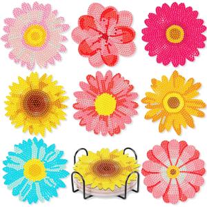 Leatrice 8PCS Flower Diamond Art Coasters Small Diamond Painting Kits for Adults Beginners Women Gem Art Coasters with Holder Funny DIY Crafts for Home Decor