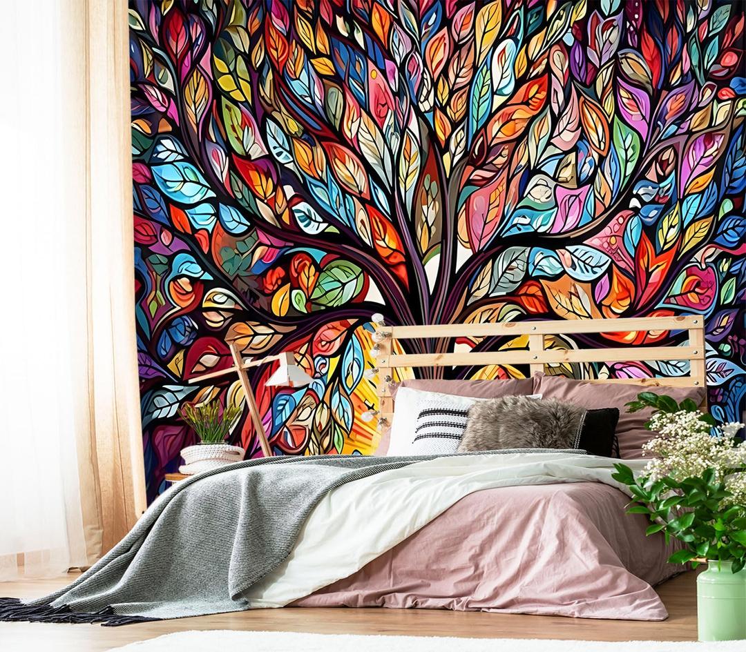XMPMBM-Vintage Abstraction Art Forest backsplash Large Decorative Wallpaper Colorful Graffiti Tree Bedroom Bathroom wall Mural- W 154" X H 105"（112 Square Foot）