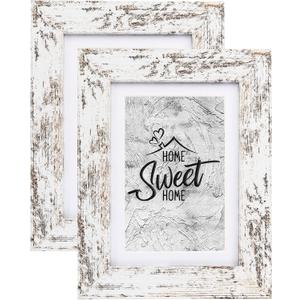 Califortree Rustic White 5x7 Picture Frame - Display Photos 4x6 with Mat or 5x7 Without Mat - Real Glass Frames for Wall and Tabletop - Set of 2