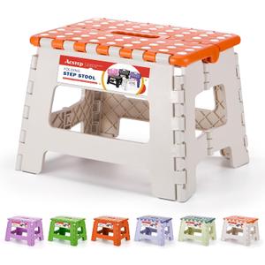ACSTEP 9 Inch Folding Step Stool 300 LB Capacity Plastic Foldable Step Stools for Kids and Adults, Folding Stool Suitable for Kitchen, Stepping Stool with Handle Bicolor Orange Small Step Stool 1PC