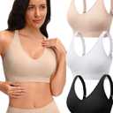 Evercute Womens V Neck Bras 3 Pack Adjustable Wireless Supportive No Underwire Bras Padded Comfort Bralette for Everyday, XL