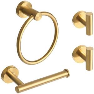 Ntipox 3 Piece Brushed Gold Stainless Steel Bathroom Hardware Set Include Hand Towel Ring, Toilet Paper Holder,and 1 Robe Towel Hooks,Bathroom Accessories Kit