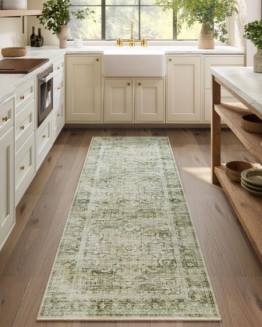 Washable Runner Rug Non Slip: 2'6"x8' Kitchen Rug Runners Stain Resistant Boho Floor Rug with Rubber Backing Non Shedding Soft Carpet Runners for Hallway Indoor Entryway Bedroom Bedside Living Room (Green)