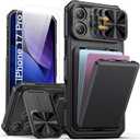 SSLOTSCASE for iPhone 17 Pro Case with 2X Screen Protector, Credit Card Holder & Kickstand & Slide Camera Lens Cover, Silicone Edge Rugged Heavy Duty Phone Case Cover for iPhone 17 Pro 6.3'', Black