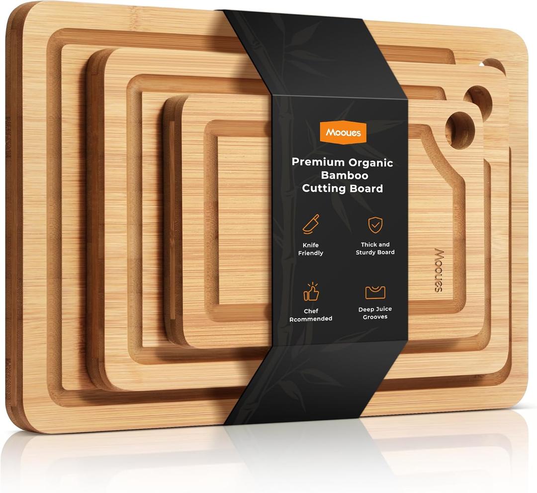 Bamboo Cutting Board for Kitchen, Knife-Friendly Wooden Cutting Boards Set 3-Piece with Juice Groove, Durable Chopping Boards for Meat, Vegetables, Fruits, Cheese(Natural)