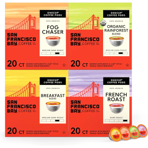San Francisco Bay K-Cup Coffee Pods Favorite Four Variety Pack (80 ct), Includes French Roast, Fog Chaser, Organic Rainforest, & Breakfast Blend, Commercially Compostable Single-Serve Coffee Pods EXP. 05/05/2026