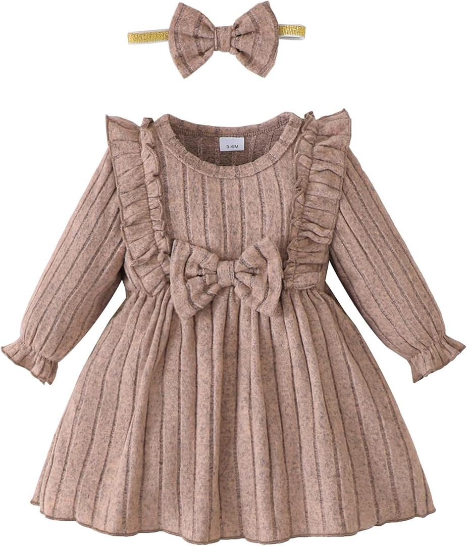 Mioglrie Baby Toddler Girls Dress Toddler Girls Long Ruffle Sleeve Dresses 12-18 Months Dresses Baby Girl Clothes Fall Winter Outfits Apricot Dress