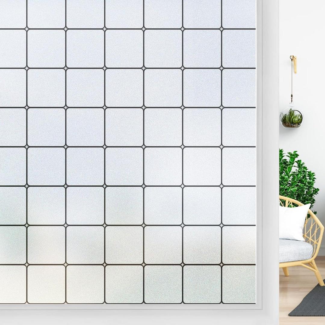 Windimiley Window Privacy Film Frosted Glass Static Cling Black Lattice Bathroom Decorative window Sticker Winter Heat Control Sun Blocking Window Cover Vinyl Opaque Door Covering, 23.6 x 78.7In, Pure