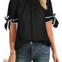 Cicy Bell Womens Summer Bow Puff Sleeve Blouse Dressy Casual Pleated Cotton Tops Mock Neck Loose Fit Shirts Black