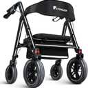 Rollator Walker with Seat,12" Front Wheels 10" Rear Rolling Walker, Extra-Wide Heavy-Duty Rollator Walker with Seat and Brakes for Seniors and Adults Bariatric with Large Aluminum (Black)