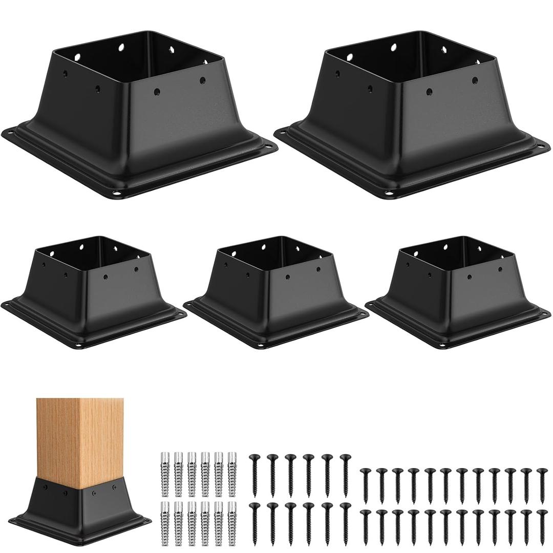 FMhotu 4x4 Post Base 5Pcs,Heavy Duty 4x4 Post Bracket Fit 3.5"x3.5" Standard Lumber, Steel Deck Post Base for Deck Porch Handrail Railing Support with Screws