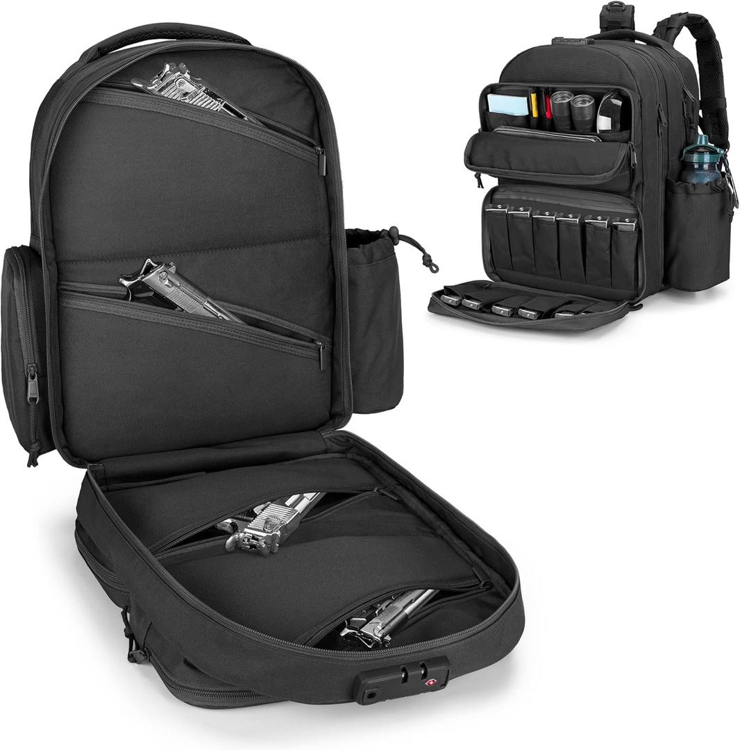 GOBUROS Tactical Pistol Backpack for 4 Handguns and 12 Mags, Gun Range Backpack with TSA Lock and Padded Shoulder Straps, Black