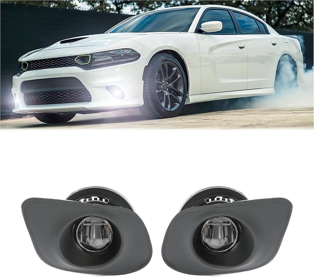 KUAFU LED Fog Light Kit Compatible with 2015-2023 Dodge Charger SRT Hellcat Replacement for 68280429AA 68280428AA 68228884AC Fog Lamp Set w/Bezel Wires Harness