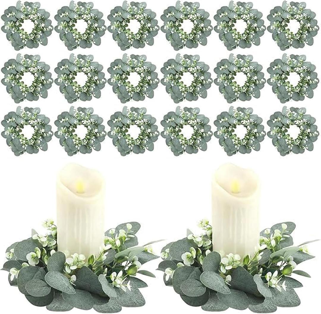 20 Pcs Artificial Eucalyptus Candle Rings, Boho Wedding Candle Holder Wreaths with Green Leaves, Decorative Pillar Candle Rings for Centerpieces and Home Decor