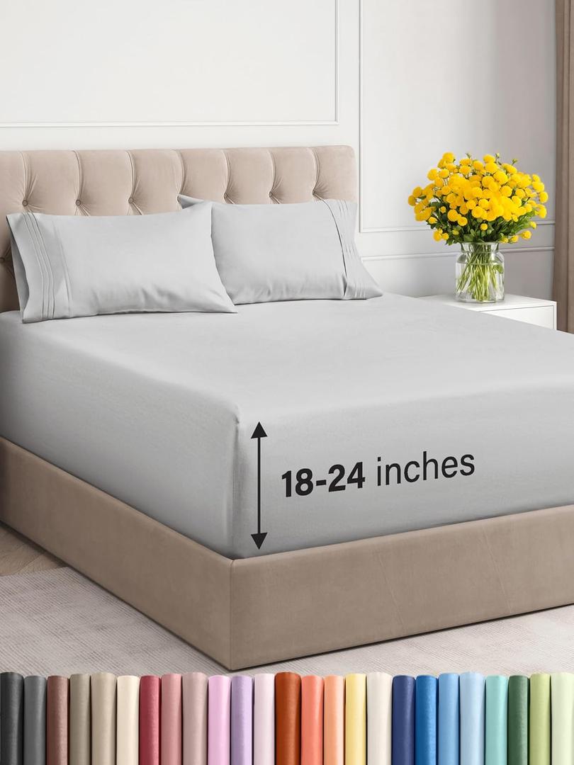 Extra Deep Twin Sheet Set - 4 Piece Breathable & Cooling Sheets - Hotel Luxury Bedding Set with 18-24 Inch Extra Deep Pockets - Easy Fit - Super Soft, Wrinkle Free and Comfy - French Grey, Twin Size (03 - French Grey)