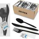 250Pack Plastic Cutlery Packets, Knife Fork Spoon Napkin Salt Pepper Sets, Individually Wrapped Black Plastic Cutlery Packets for Delivery, Cafeterias, Restaurants