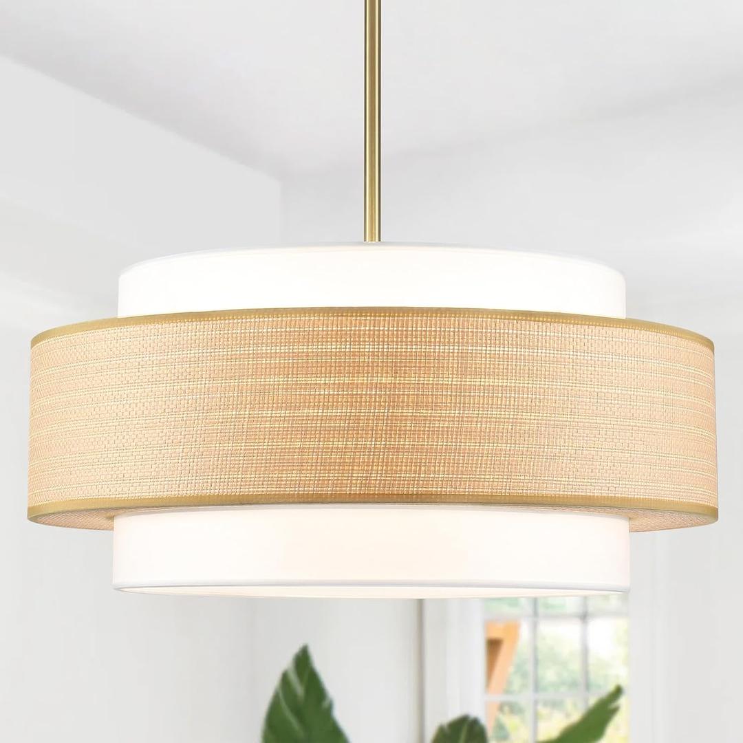 Rattan Large Drum Chandeliers, 23.6 Inch Chandelier for Dining Room 5-Lights Lamp Shape 3-Tier Light Fixtures with White Fabric Hanging Lighting for Entryway Kitchen Island Foyer Bedroom