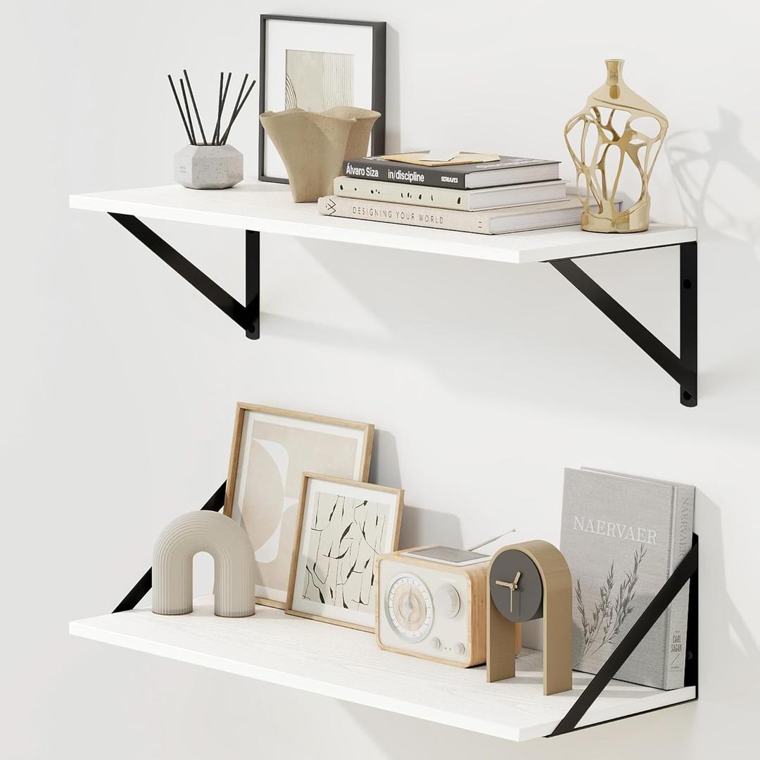 Fun Memories Deep Floating Shelves for Wall, 24W x 8D Wall Mounted Shelves Set of 2, Wide Display Ledge Shelf with Sturdy Metal Brackets for Living Room, Bathroom, Bedroom and Kitchen, White