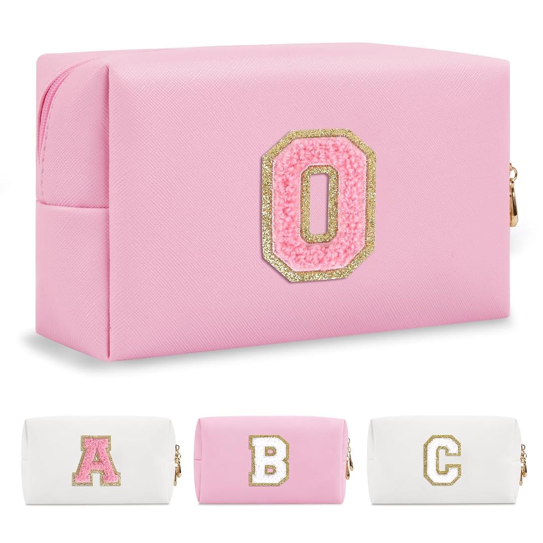 Personalized Initial A-Z Preppy Patch Makeup Bag,Small PU Leather Chenille Letter Cosmetic Bag with Zipper for Teen Girls,Pink Cute Travel Toiletry Bag,Birthday Monogrammed Gift for Daughter,Letter O