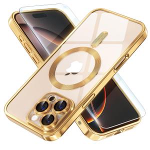 Misea Magnetic for iPhone 16 Pro Case with MagSafe [Never Yellowing] [Military Grade Drop Protection] Full Camera Lens Protector Plating Soft Clear Phone Case for Women Girls 6.3 inch, Gold