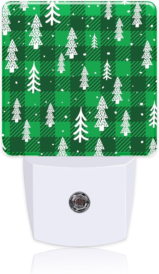 Green Buffalo Plaid Christmas Tree Night Light,Modern Night Lights Plug into Wall,Dusk to Dawn Sensor Nightlight for Kids Bathroom Kitchen Hallway Bedroom Decor
