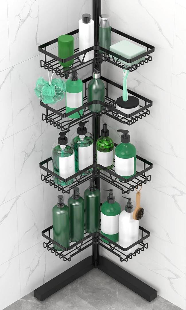 DAOYA Shower Caddy Tension Pole Corner Stainless Steel Bathroom Organizer White Tension Rod Shower Shelves for Tub(22-114.2inch), Renter Friendly