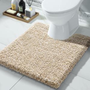 Yimobra Toilet Rugs U Shaped 24x20, Ultra Soft and Water Absorbent Bath Mats, Non Slip Fluffy Luxury Microfiber Contour Bath Rugs for Toilet, Dry Quick, Machine Washable, Light Beige and White