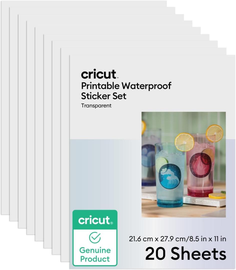 Cricut Waterproof Clear Sticker Paper (20 Transparent Sheets, 8.5x11), Printable Stickers For Inkjet Printers - Works with Joy Xtra, Explore, & Maker Machines