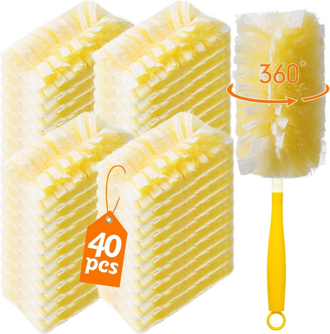 40 Count 360 Heavy Duty 2 Sided Duster Refills Compatible with Swiffer, Large Size-Extra Thick Disposable Electrostatic Feather Duster Refill with 1 Short Handle for Furniture, Blinds, Ceiling (Yellow)