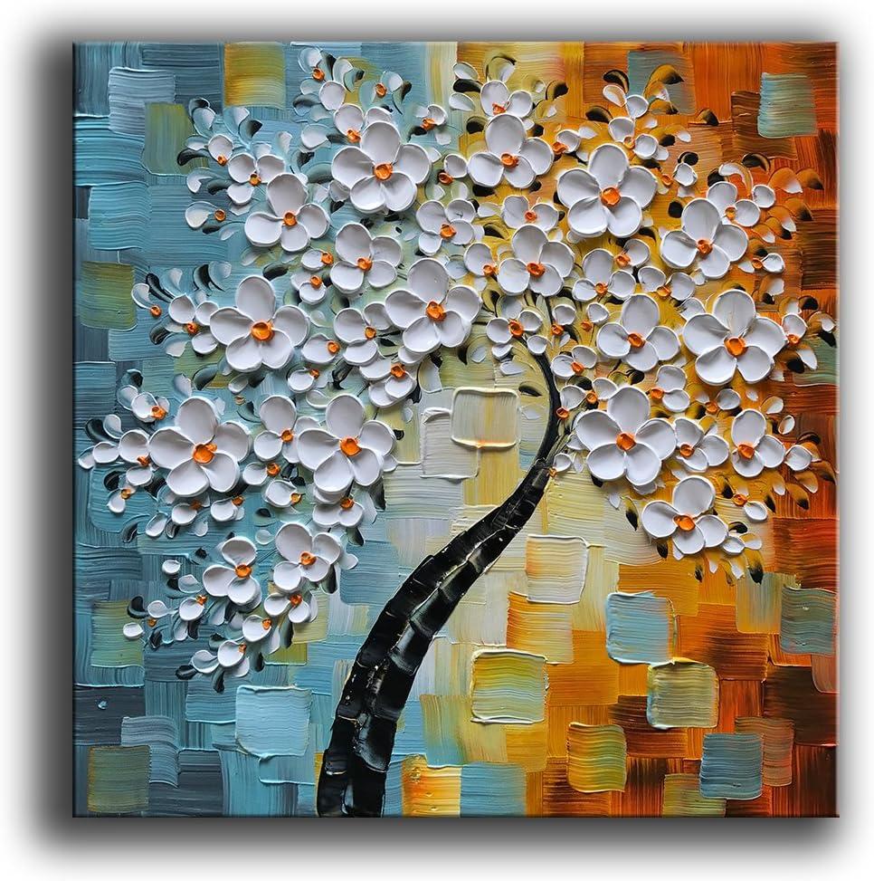 YaSheng Art - hand-painted Oil Painting On Canvas white Flowers Paintings Modern Home Interior Decor Abstract Art picture Ready to hang 24x24inch (24L" x 24W", YS-0019)
