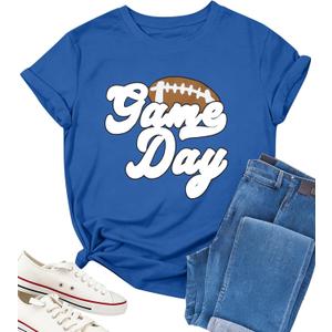 Game Day Shirts for Women Football Graphic Sunday Funday Tee Vintage Casual Football Season Short Sleeve Tee Tops (Medium, Blue)