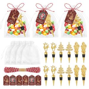 12Pcs Christmas Wine Bottle Stoppers Set Xmas Tree Santa Claus Deer Wine Bottle Corkers Christmas Party Favors with Card and Ropes, for Winter Decor Holiday Supplies Wine Accessories Gift for Hostess
