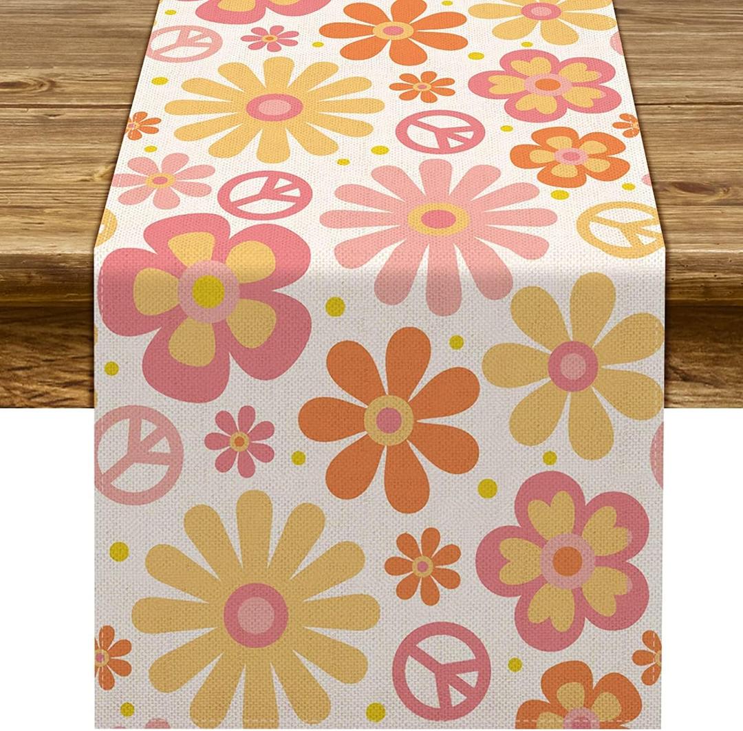 Groovy Table Runner Hippie Daisy Flower Peace Love Birthday Party Retro Kitchen Dinning Home Decoration (13" x 120")