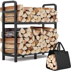 2-Tier Large Firewood Rack Outdoor Indoor with Log Carrier Bag, 30" Stable Log Holder Rustproof Metal Wood Rack for Fireplace Patio Deck Firepit, Heavy Duty Firewood Storage Organizer Tool (Black)