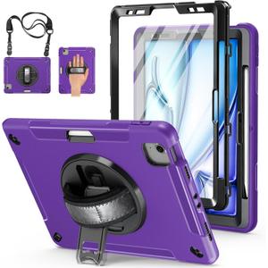 Case for iPad Air 11 M3 2025 & M2 2024: Cover for iPad Air 5th & 4th Generation 10.9 Inch (2020/2022) with Screen Protector- Stand- Handle- Shoulder Strap- Pencil Holder-Purple
