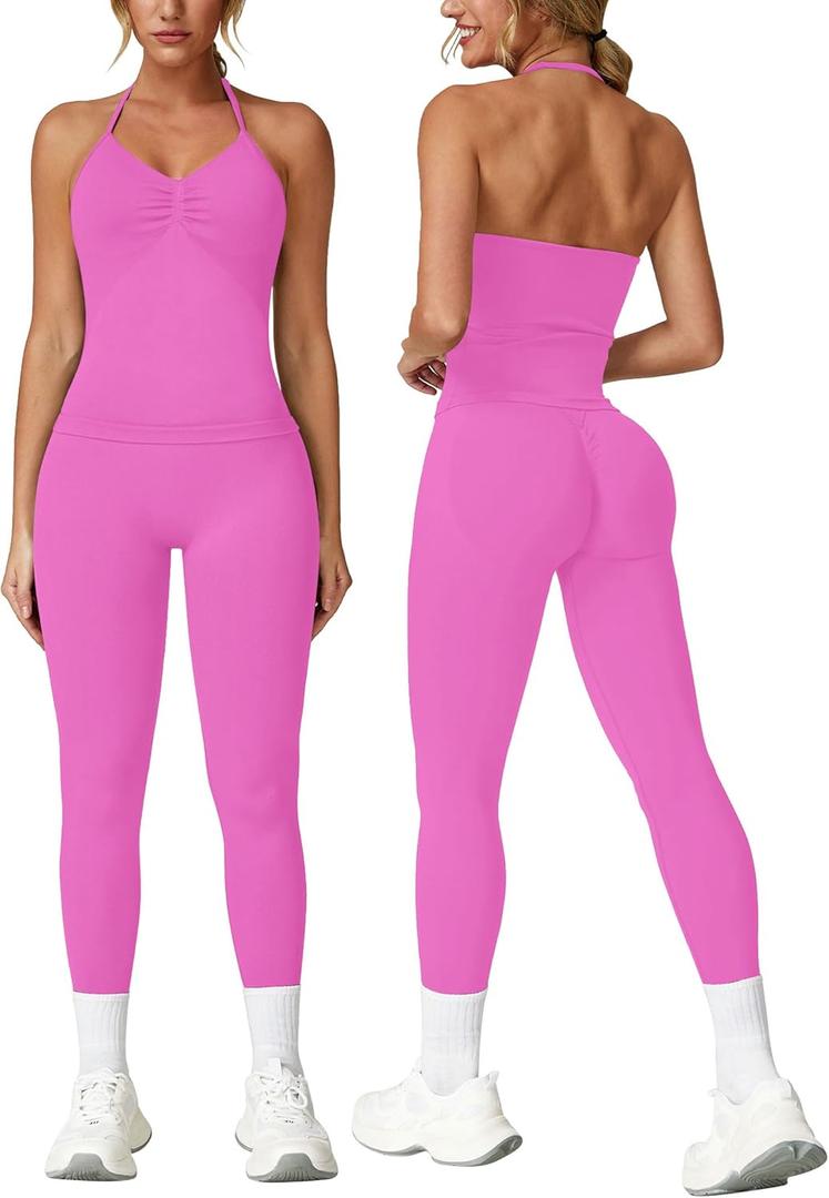 ABOCIW Workout Sets for Women Seamless Scunch Butt Lifting Impact Leggings Longline Strappy Top 2 Piece Gym Outfits (Small, Hot Pink)