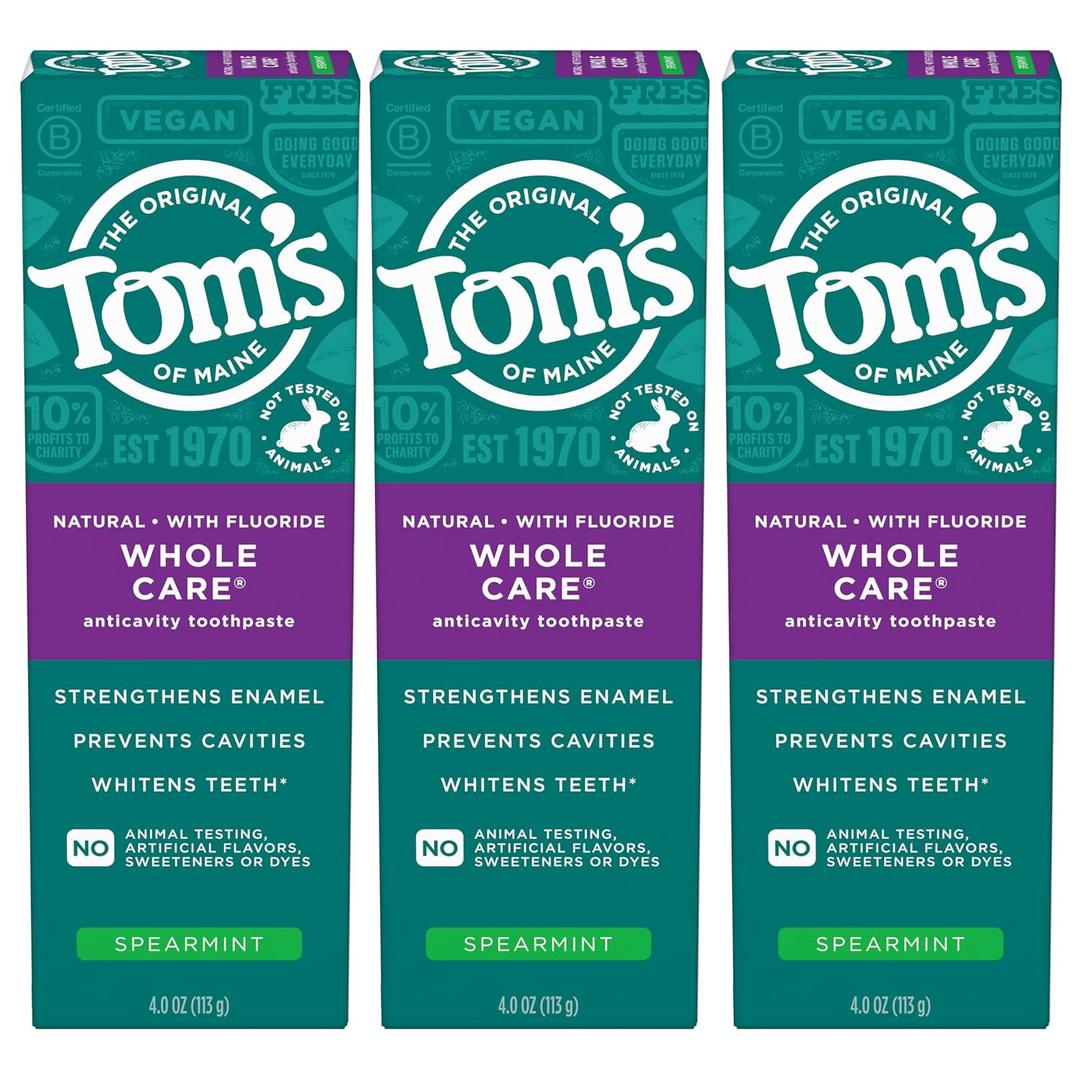 Tom's of Maine Whole Care Natural Toothpaste with Fluoride, Spearmint, 4 Ounce (Pack of 3) 